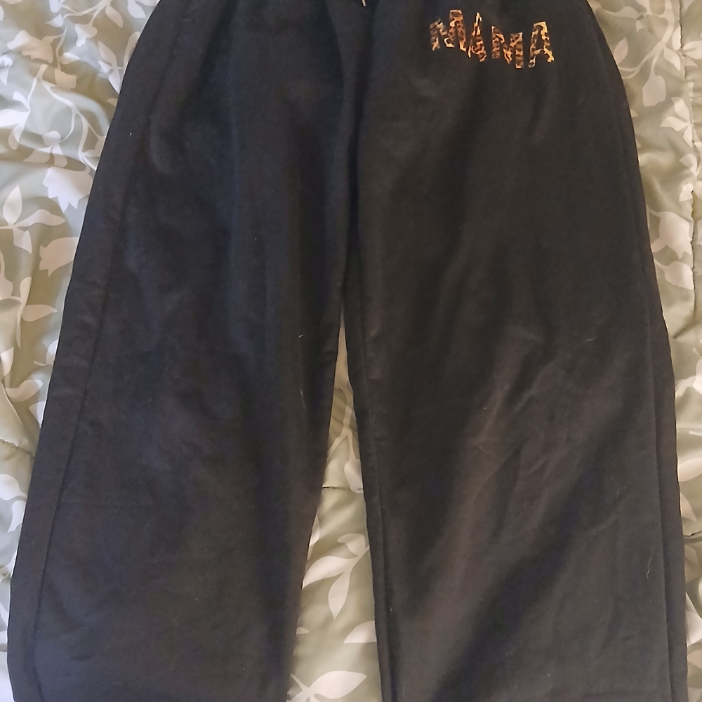 BLACK "MAMA" W / PCKTS LIGHTWEIGHT SWEATPANTS WOMANS SIZE LG FIT ALL SIZES